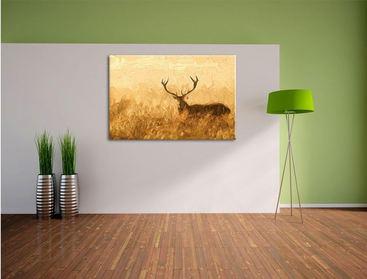 Pixxprint Rotwild Hirsch in Abenddämmerung Kunst Pinsel Effekt, Format: 100x70 auf Leinwand, 100x70