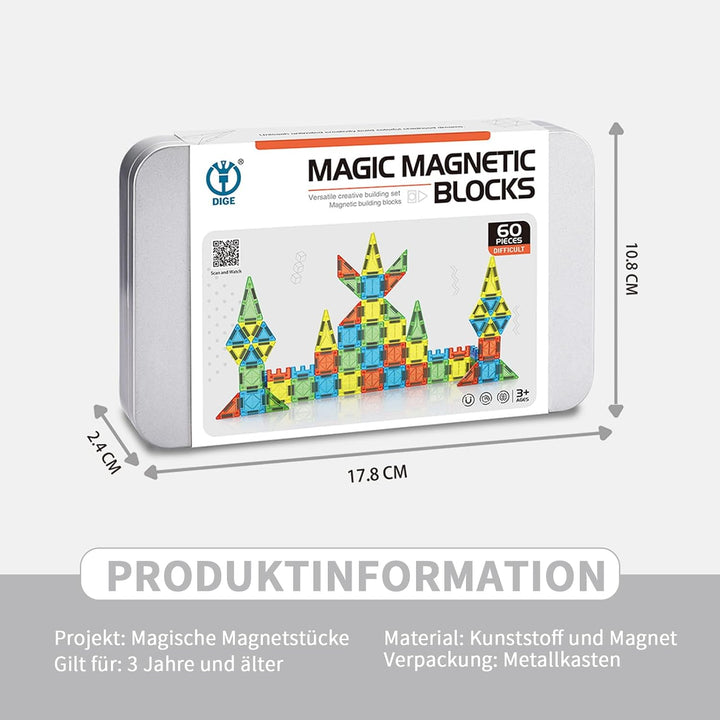 Magnetische Fliesen，60 Pcs Mini Magnetische Bausteine Reiseset, Magnet Fliesen Bauspielzeug Spielzeu