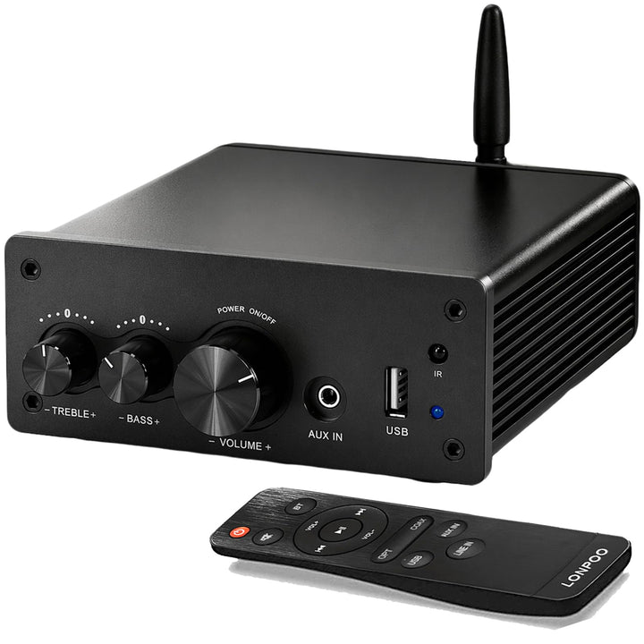 LONPOO Mini Bluetooth Hifi-Verstärker 200W mit Fernbedienung, Optical, COAX, USB, AUX-Eingang, 2 Kan