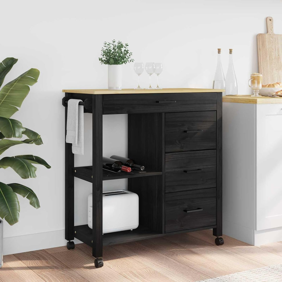 vidaXL Küchentrolley Monza Schwarz 84 x 40 x 88,5 cm Massivholz Kiefer, Schwarz