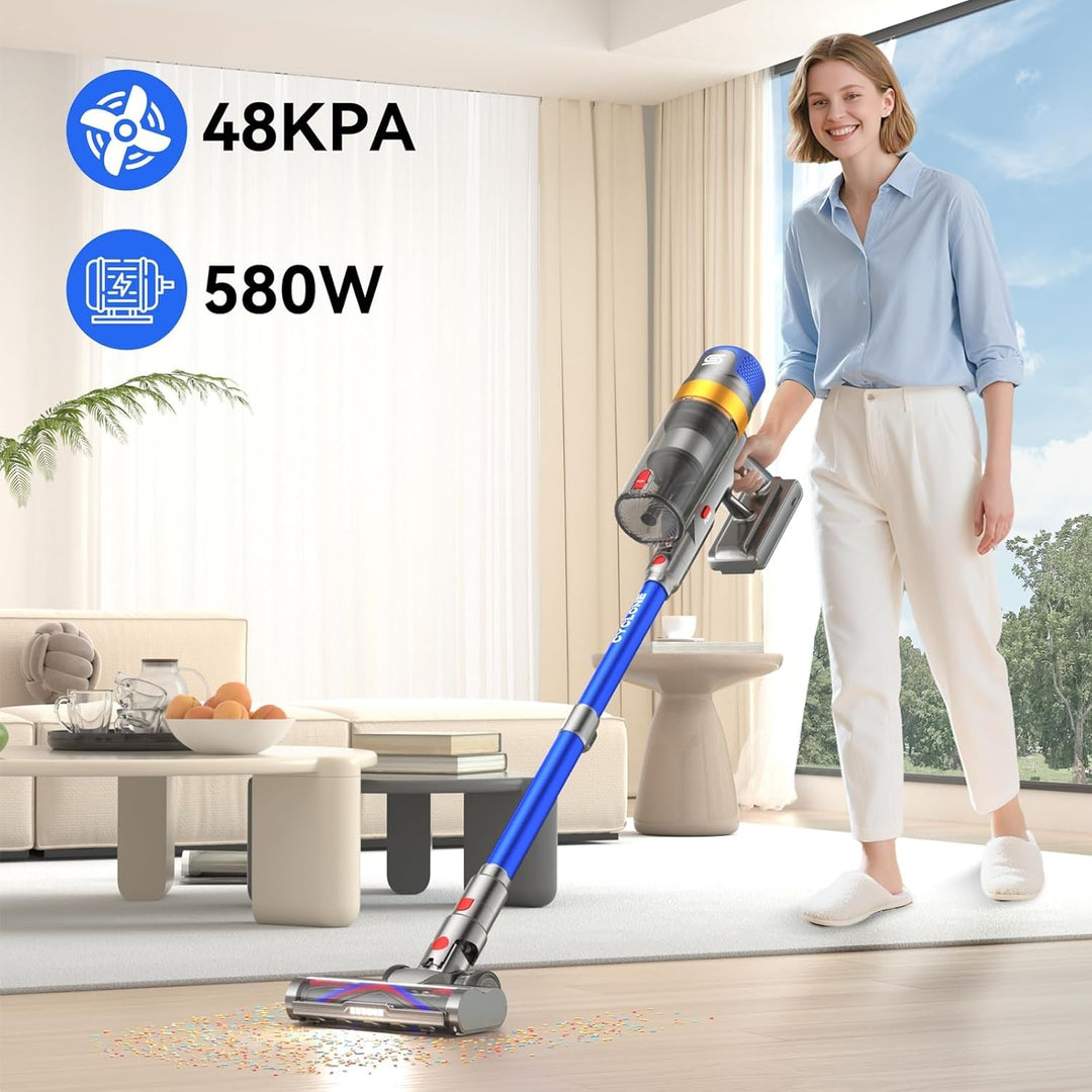 Akku Staubsauger 580W 70Min 48000Pa, Staubsauger Kabellos & Freistehend mit Smart Display 1.6L Staub