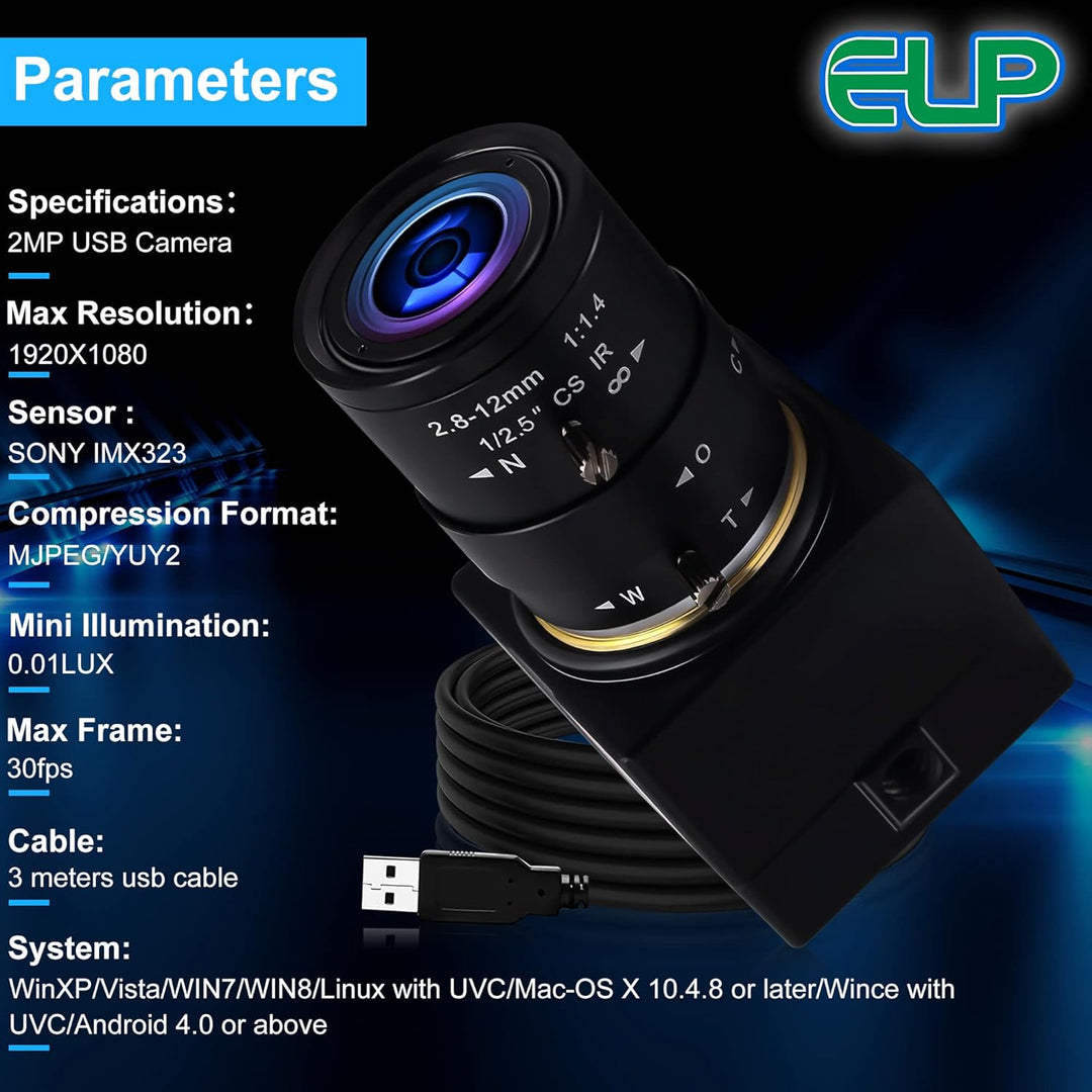 G 0.01LUX USB Kamera 4facher optischer Zoomen Webcam,2.8-12mm Varifokus Webkamera,2MP H.264 manuelle