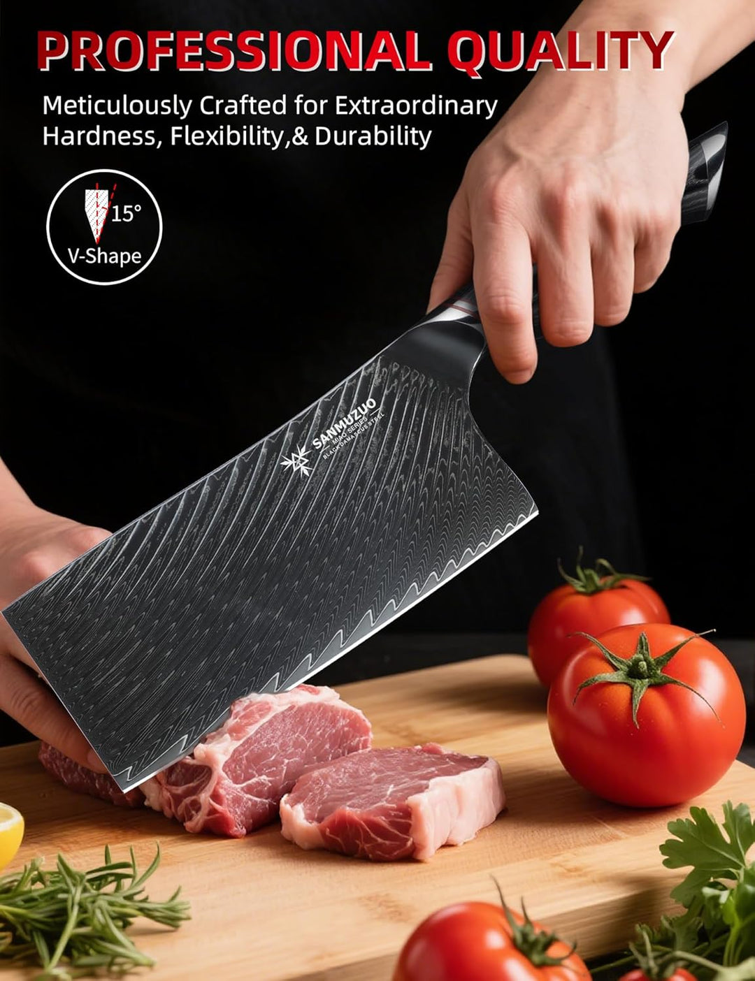 18 cm Fleischerbeil – Chinesisches Küchen-Gemüsebeil – Schwarzer Damaststahl mit ergonomischem Griff