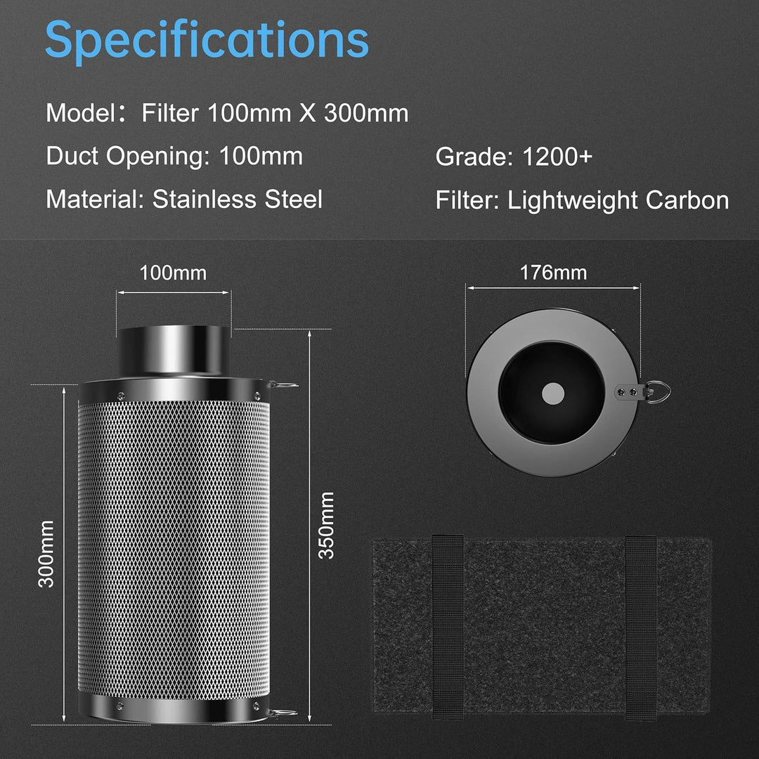 Hon&Guan Aktivkohlefilter 100mm mit Leichtes Carbon 300mm Lang, 38mm Dickes Holzkohlebett für Geruch