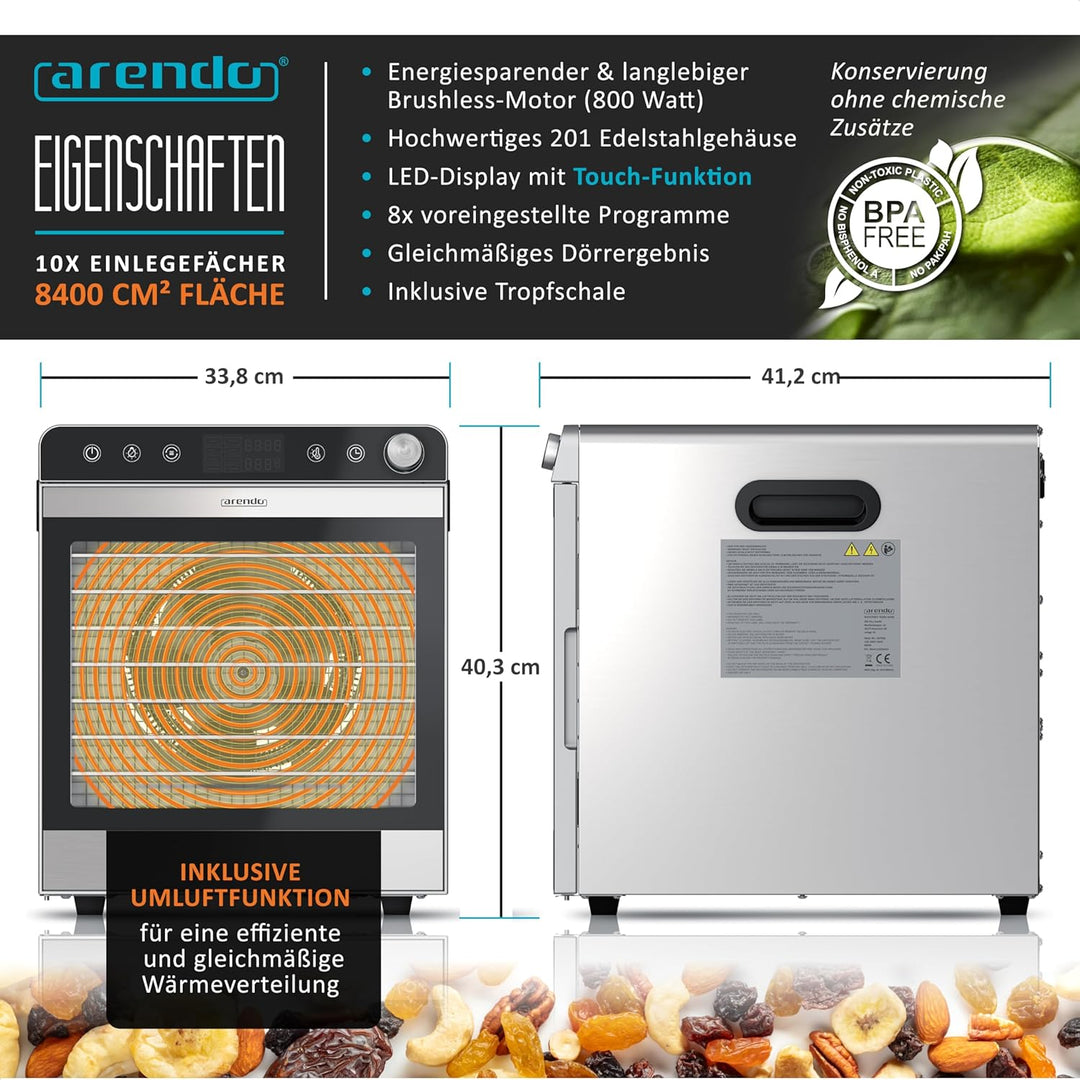 Arendo - Dörrautomat Edelstahl mit 10 Edelstahlgitter - 8400 cm² - Dörrgerät Dehydrator Obsttrockner