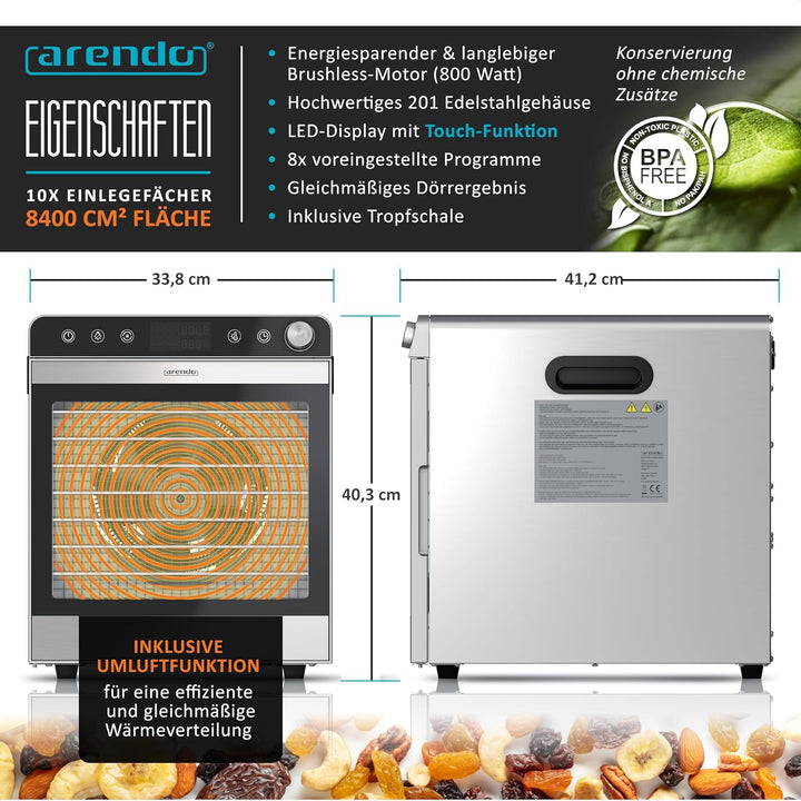 Arendo - Dörrautomat Edelstahl mit 10 Edelstahlgitter - 8400 cm² - Dörrgerät Dehydrator Obsttrockner