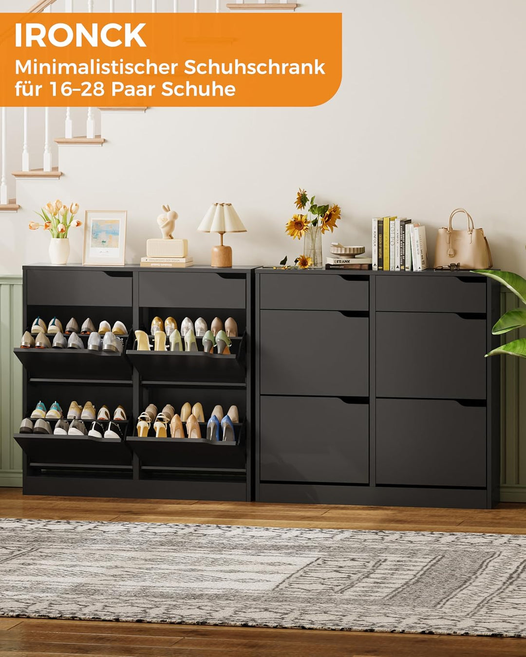 IRONCK Schuhschrank mit 4 Klappen, Schuhkipper Schmal mit 2 Schubladen, freistehendes Schuhregal, Sc