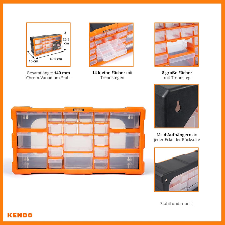 KENDO Kleinteilemagazin Schubladen - Sortierboxen für Kleinteile mit 22 Schubladen - Masse 49.5 x 16