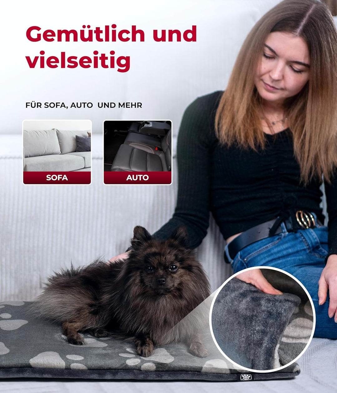 Made in Germany gepolsterte Hundedecke, Pfote Anthrazit 55x75cm für kleine & grosse Hunde I Flauschi