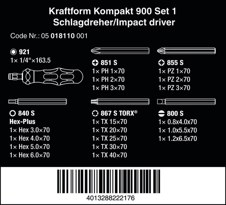 Wera 05018110001 Kraftform Kompakt 900 Set 1, Schlagschraubendreher-Satz, 19-teilig, Schwarz-gelb