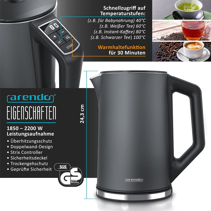Arendo - Set Wasserkocher ELEGANT mit Eierkocher SEVENCOOK Edelstahl Grau, Wasserkocher 1,5L 40° - 1