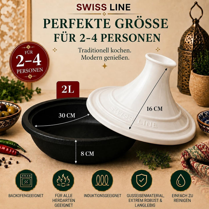SWISS LINE Tajine 30 cm Induktion geeignet – Aluminium Schmortopf mit Keramikdeckel – Antihaft Marmo