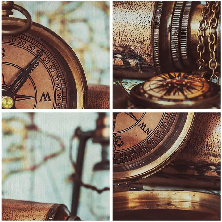 Bilder auf Leinwand 55x100cm Leinwandbild mit Rahmen Kompass Teleskop Abenteuer antik Gross Wanddeko