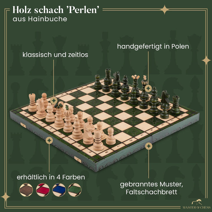 Handgefertigt Schachbrett Holz Klappbar | Master of Chess Schachspiel Holz Grüne | Chess Set 42cm |