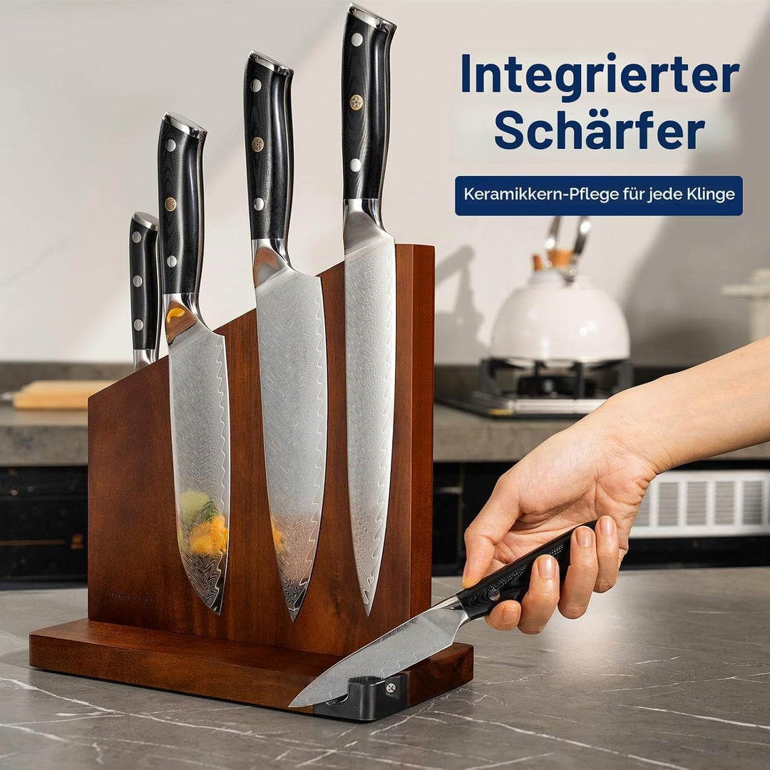 Gourmetop Messerblock Magnetisch mit Integriertem Schärfer, 100% Akazienholz Messerblock ohne Messer