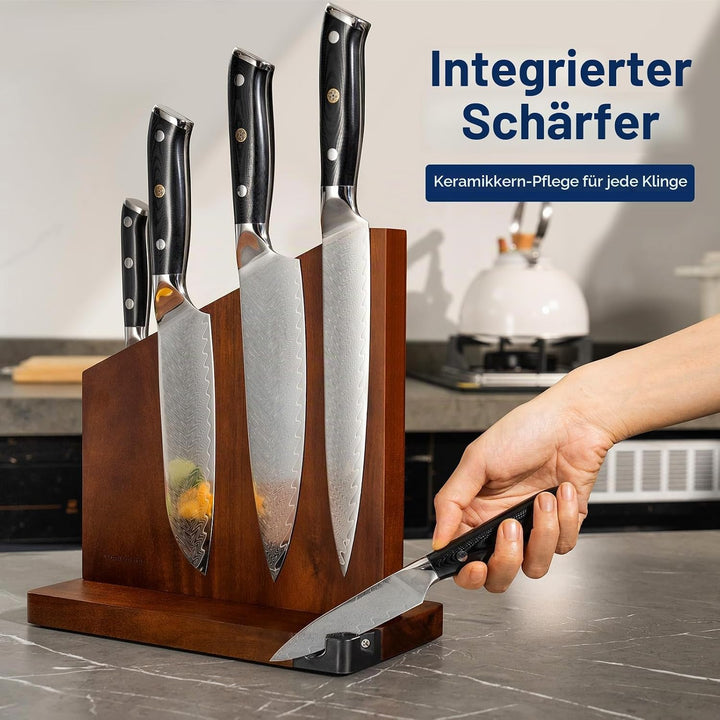 Gourmetop Messerblock Magnetisch mit Integriertem Schärfer, 100% Akazienholz Messerblock ohne Messer