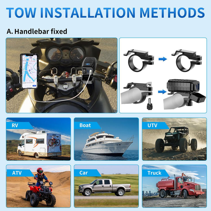 Motorrad Handy Ladegerät 12-24V mit Hochstrom PD QC3.0 Port Digital Voltmeter Anzeige und Schalter S