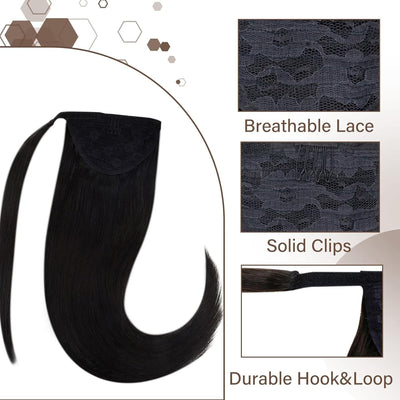 Hetto Echthaar Extensions Zopf Schwarz 50CM 100G Haar Extensions Echthaar Für Zopf Pferdeschwanz Haa