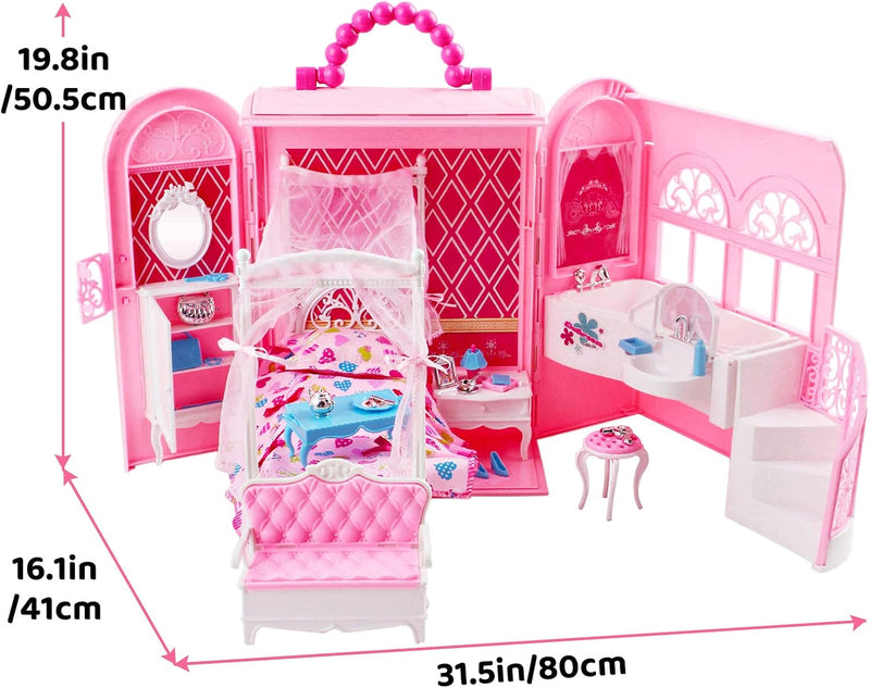 deAO Puppenhaus, Rosa Tragetasche Puppenhaus Klappbar Möbel Familie Spielzeug mit Schlafzimmer Bad,