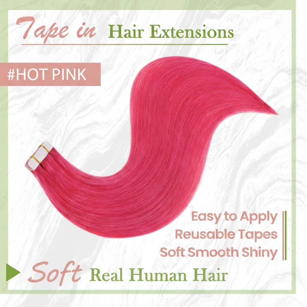 RUNATURE Tape in Extensions Echthaar Rosa 30cm Invisible Tape Extensions Echthaar Heiss Pink Menschl