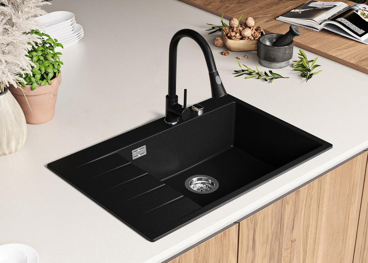 Granitspüle Schwarz 78x50cm, Spülbecken 1 Becken + Ablauf-Set + Küchenarmatur, Küchenspüle ab 60er U