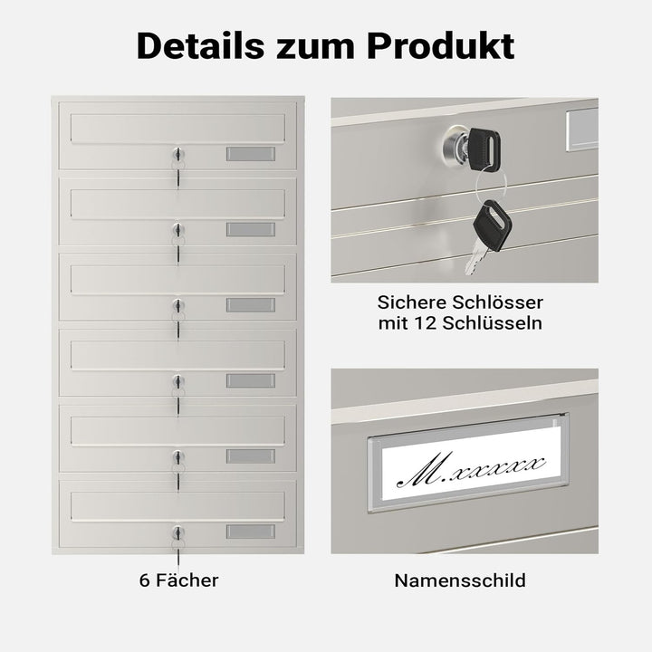 Wiltec 6er Briefkastenanlage Edelstahl 556 x 270 x 1500 mm, Standbriefkasten mit 6 Fächern, Schlüsse