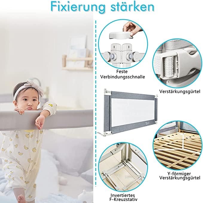 Aufun Kinderbettgitter, Bettschutzgitter mit vertikaler Hebe und Fallschutzfunktion, Bettgitter mit