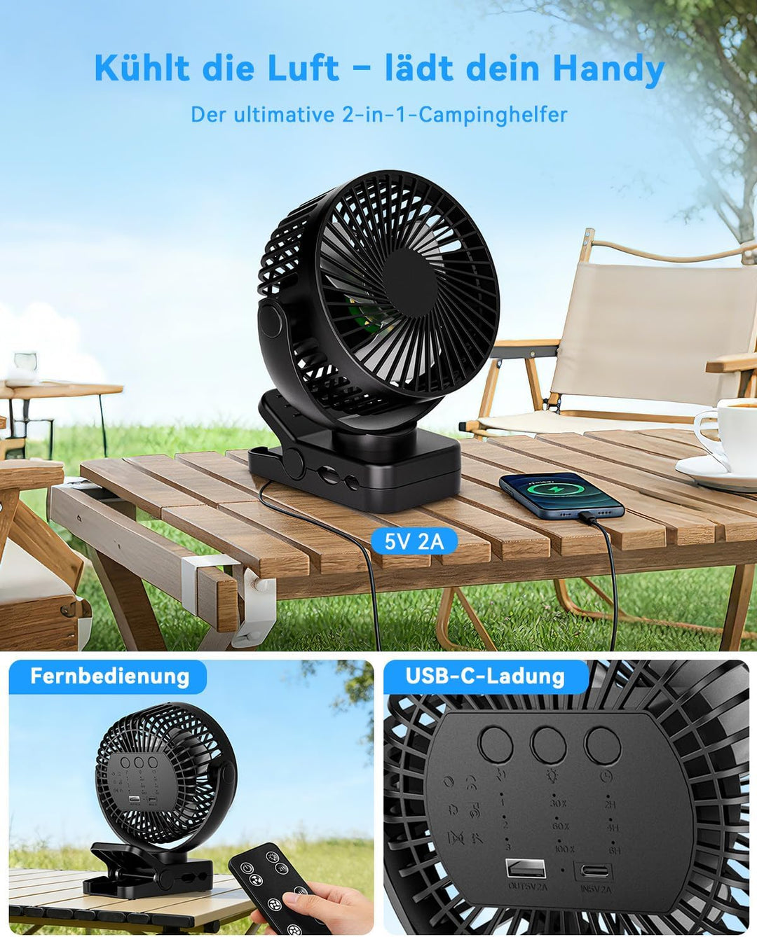 USB Tischventilator Leise mit 12000mAh Akku, Clip Camping Ventilator mit Fernbedienung, Mini Akku Ve