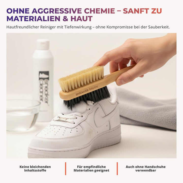 Reinigungsset für alle Schuharten. 250ml effektiver Schuh-Reiniger + beidseitiger Naturholzbürste (w