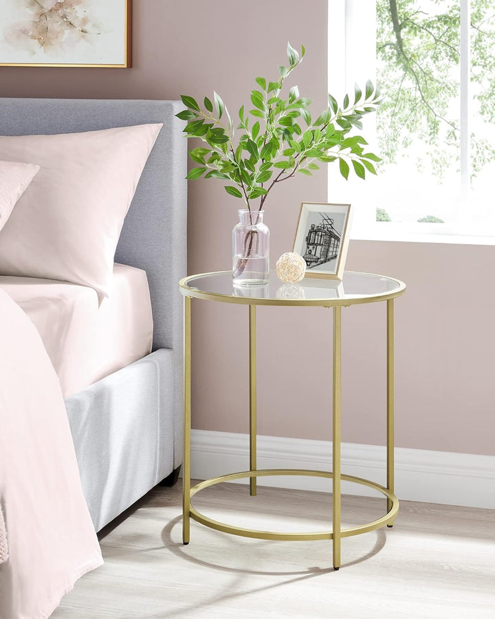 VASAGLE Beistelltisch rund, Glastisch mit goldenem Metallgestell, Kleiner Couchtisch, Nachttisch, So