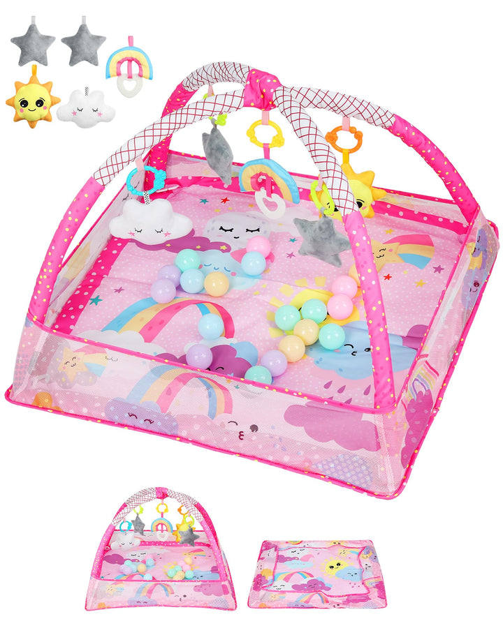 eSynic Babygym Spieldecke Krabbeldecke mit Spielbogen & Netz 7-in-1 Baby Play Mat für Bauchzeit mit