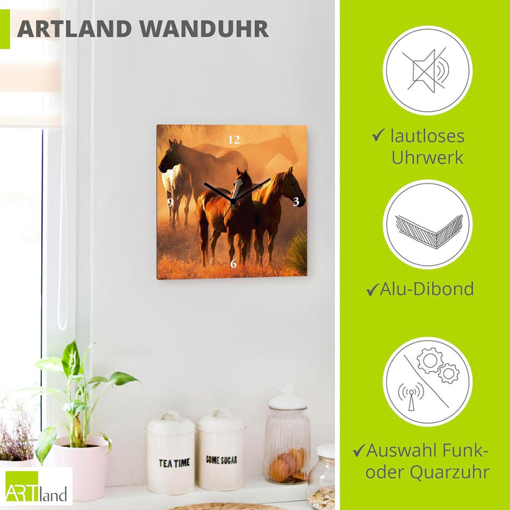 ARTLAND Wanduhr ohne Tickgeräusche Leinwand Quarzuhr 30x30 cm Quadratisch Lautlos Pferd Tiere Natur