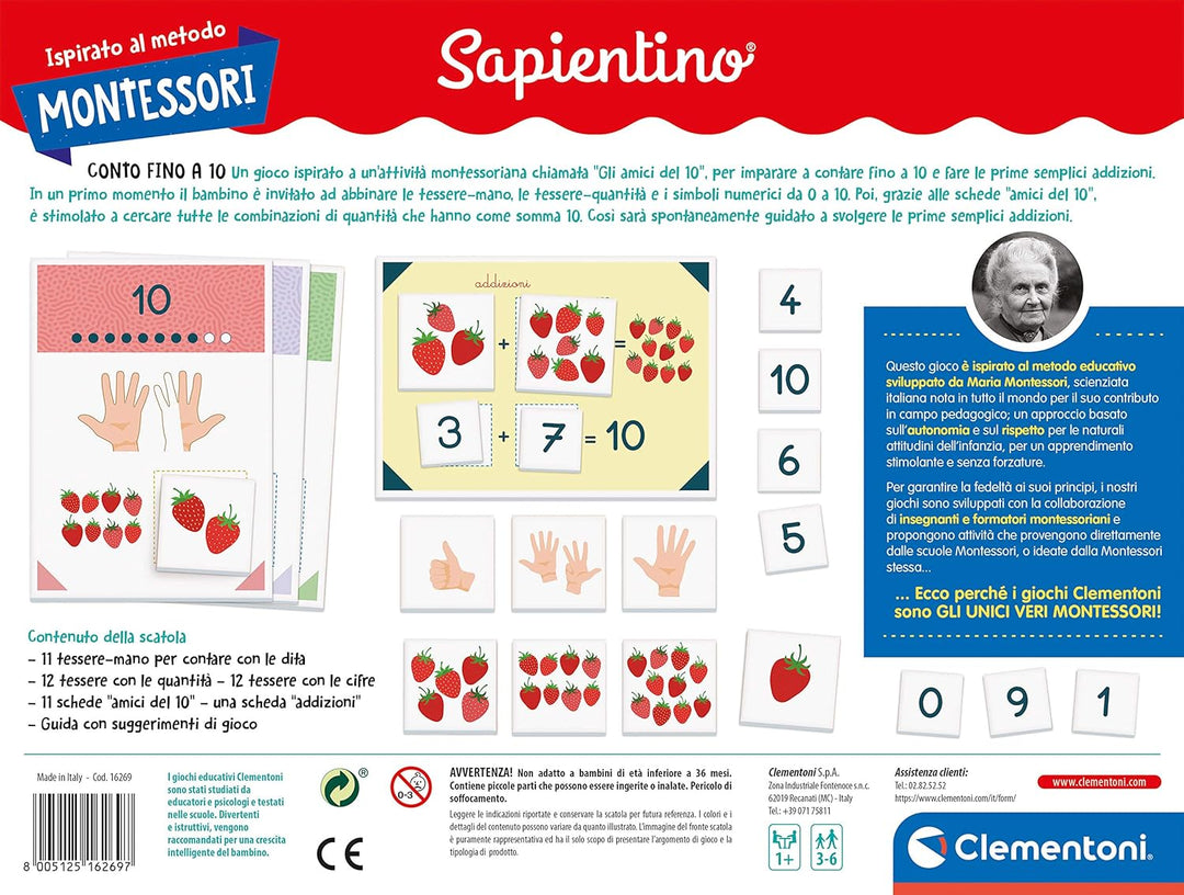 Clementoni 16269 Montessori – Konto bis 10 – Lernspiel, hergestellt in Italien, 3 Jahre +, M, Konto