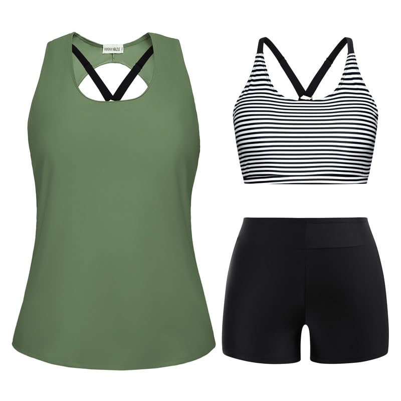 Hanna Nikole Tankini Damen Sportlich Grosse Grössen Dreiteilig Tank Aushöhlen Oberteil mit Boyshorts
