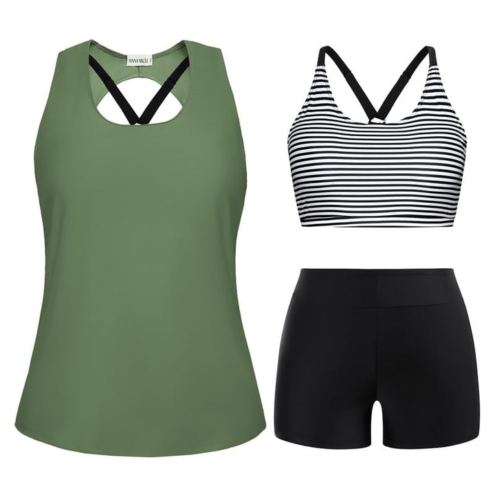 Hanna Nikole Tankini Damen Sportlich Grosse Grössen Dreiteilig Tank Aushöhlen Oberteil mit Boyshorts