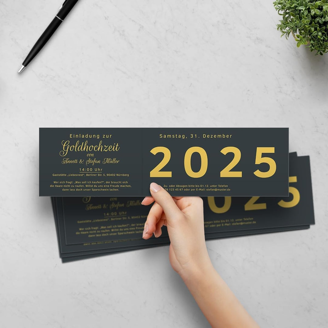 10 x Hochzeitseinladungen Goldhochzeit goldene Hochzeit Einladung - Jahrzehnt Sprung