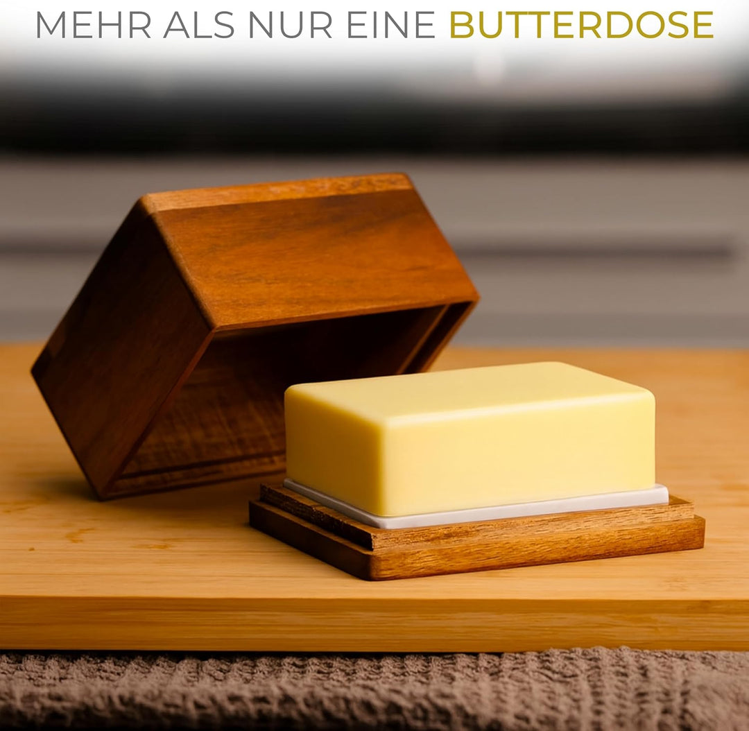 CALIDORO Butterdose Akazie mit Marmorplatte - Butterbox für streichzarte Butter (250g) - Holz Butter