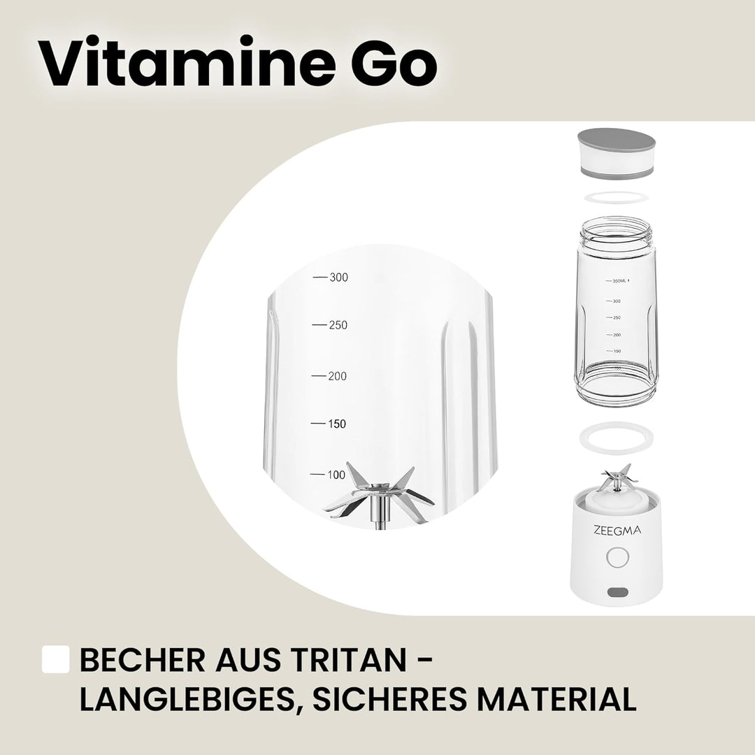 ZEEGMA Vitamine GO Tragbarer Mixer für Cocktails und Smoothies 300W, Personal Blender, Mini-Mixer 45