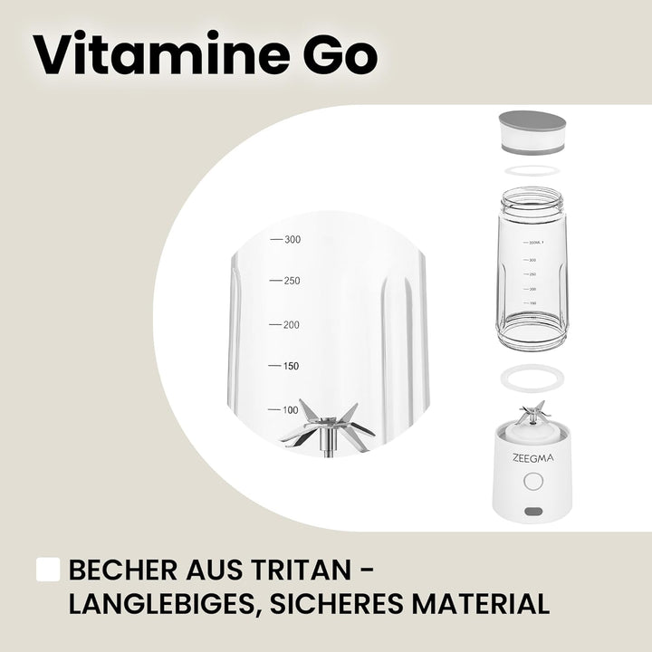 ZEEGMA Vitamine GO Tragbarer Mixer für Cocktails und Smoothies 300W, Personal Blender, Mini-Mixer 45