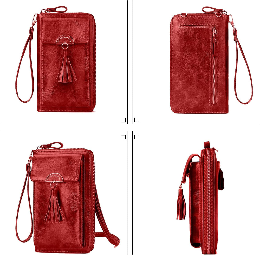 PORRASSO Geldbörse Damen Umhängetasche Portemonnaie Leder Geldbeutel Wristlet Bag mit Viele Fächer M