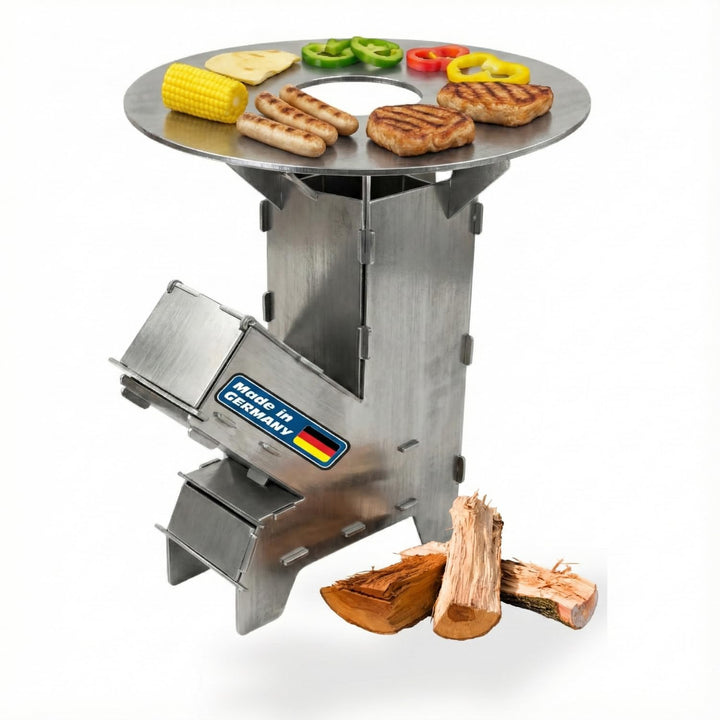 EWH Raketenofen aus 3 mm Stahl inkl. Grillplatte – Made in Germany - robuster Outdoor Holzofen zum K
