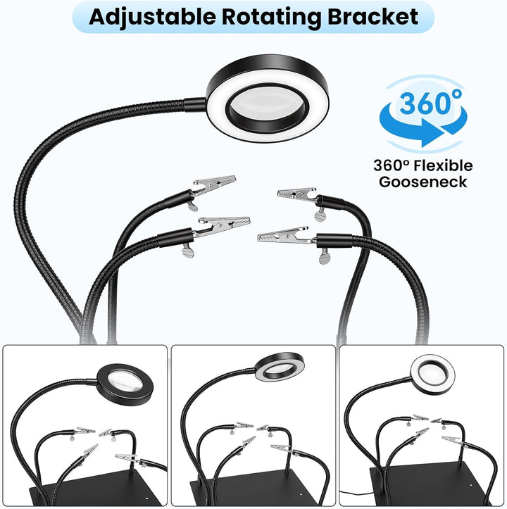 Dritte Hand Löten, Lötstation Helfende Hand mit 3X Lupe und 4 Flexible Arme | PinBoTronix Löthilfe m