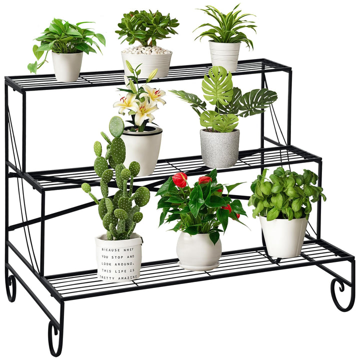 Outsunny Blumenständer Blumenregal aus Metall 3 Stufen Pflanzenregal Blumentreppe für innen und auss