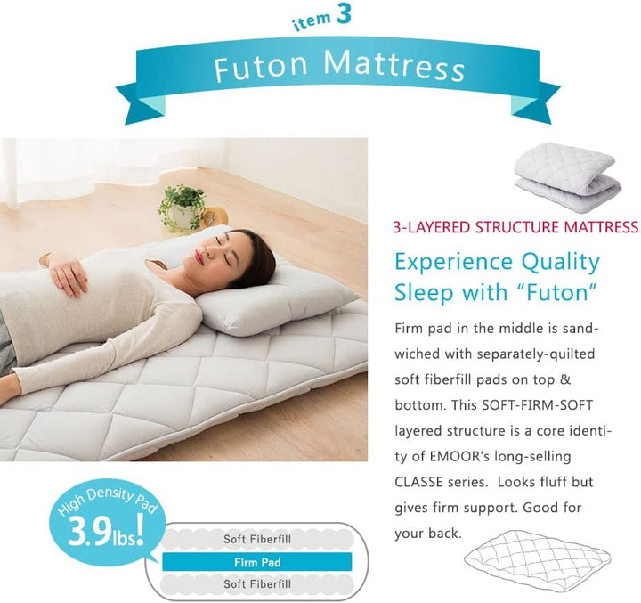 EMOOR Japanische Faltbarer Futon Matratze Set(Matratze, Tröster, Kopfkissen) CLASSE3, 100 x 210 cm,