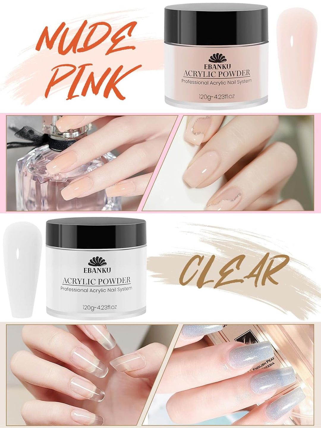 EBANKU Acrylpulver Set 480G, 4 Farben Acrylnagelpulver Professionelles Acrylpulver für Nagelacrylver