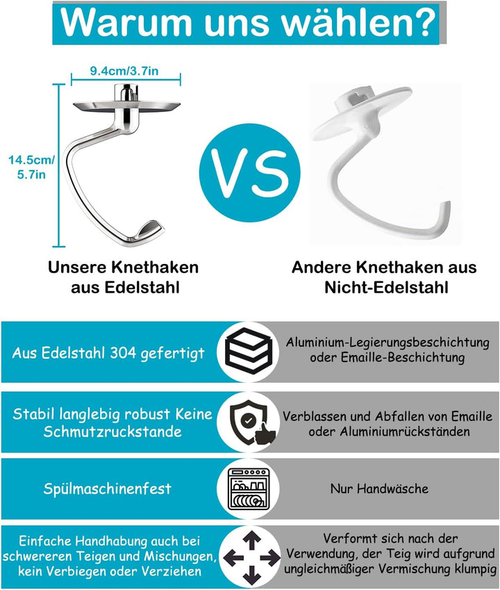 Knethaken für Kitchenaid 4.5/5QT Edelstahl Knethaken