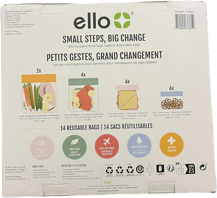 Ello 14 wiederverwendbare Produktbeutel, verschiedene Grössen (Snack, Sandwich, halbe Gallone), Reis
