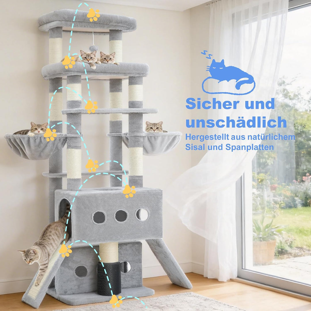 Hey-brother Kratzbäume, 181 cm hoch mehrstöckiger Katzenbaum XXL mit 2 grosser Plattformen, 2 Liegem