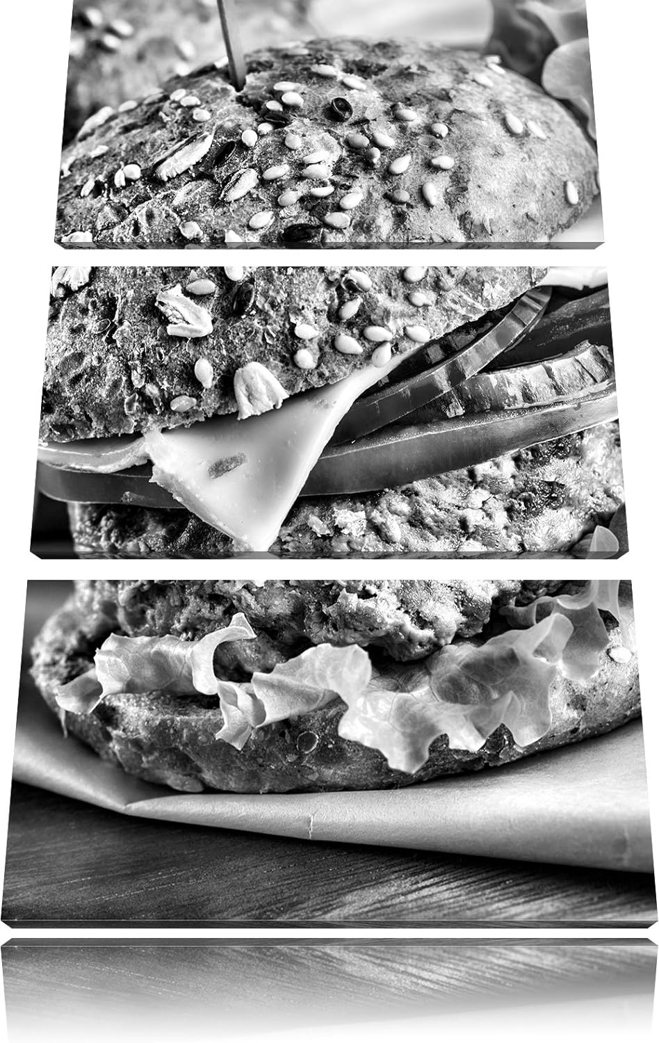 Pixxprint Monocrome, Köstlicher Hamburger 3-Teiler Leinwandbild 120x80 Bild auf Leinwand