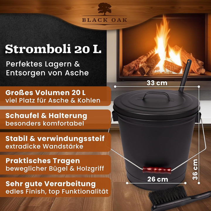 BLACK OAK Ascheeimer Stromboli 20L – schwarz mit Deckel Schaufel & Besen Bügel Silber gross 20 Liter
